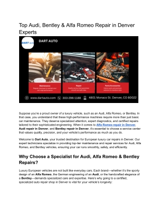 Top Audi, Bentley & Alfa Romeo Repair in Denver Experts