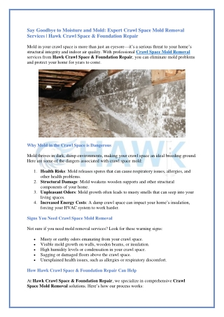 Say Goodbye to Moisture and Mold- Expert Crawl Space Mold Removal Services - Hawk Crawl Space & Foundation Repair