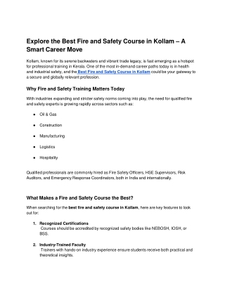 Explore the Best Fire and Safety Course in Kollam – A Smart Career Move
