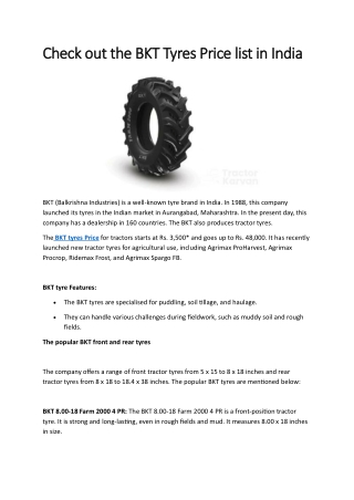 Check out the BKT Tyres Price list in India