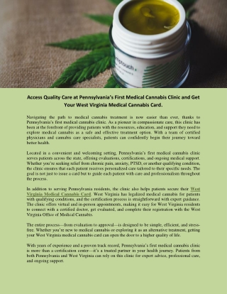 Pennsylvania’s First Medical Cannabis Clinic and Get Your West Virginia Medical Cannabis Card.