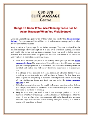 Things To Know If You Are Planning To Go For An Asian Massage When You Visit Sydney