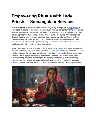 Empowering Rituals with Lady Priests – Sumangalam Services