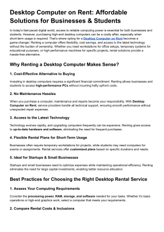Desktop Computer on Rent Affordable Solutions for Businesses & Students