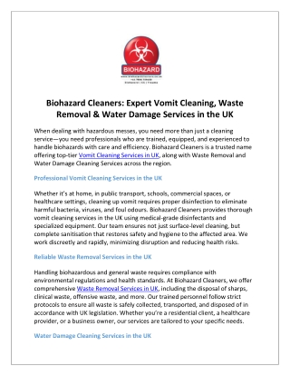 Biohazard Cleaners Expert Vomit Cleaning, Waste Removal & Water Damage Services in the UK