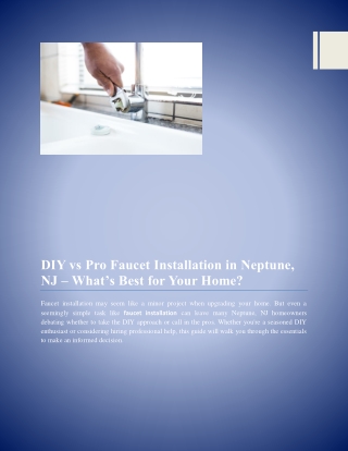 DIY vs Pro Faucet Installation in Neptune, NJ – What’s Best for Your Home