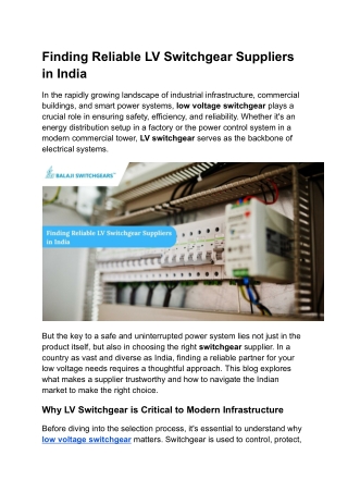 Finding Reliable LV Switchgear Suppliers in India