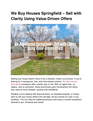 We Buy Houses Springfield – Sell with Clarity Using Value-Driven Offers
