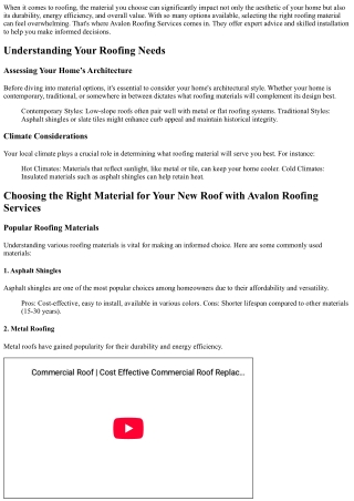 Choosing the Right Material for Your New Roof with Avalon Roofing Services