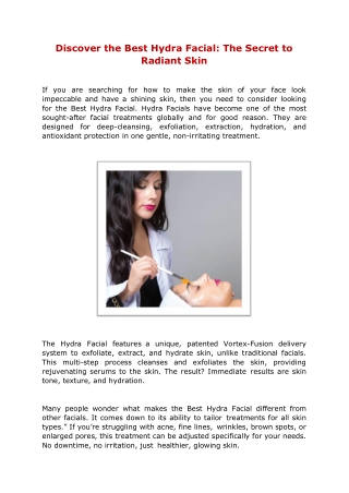 Discover the Best Hydra Facial: The Secret to Radiant Skin