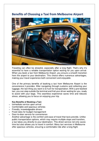 Benefits of Choosing a Taxi from Melbourne Airport