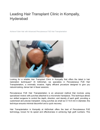 Leading Hair Transplant Clinic in Kompally, Hyderabad