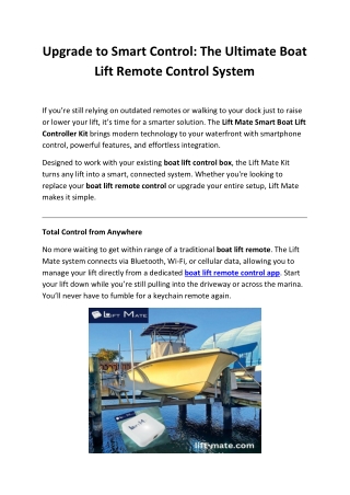 Lift Mate Smart Boat Lift Controller: Remote Control & Enhanced Security