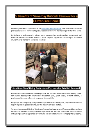 5 Benefits of Same Day Rubbish Removal for a Clutter-Free Home