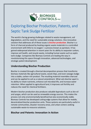 Exploring Biochar Production, Patents, and Septic Tank Sludge Fertilizer