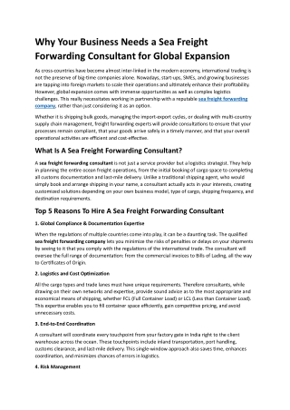 Why Your Business Needs a Sea Freight Forwarding Consultant for Global Expansion