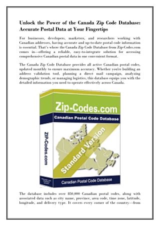 Postal Code Database for All Canada Provinces