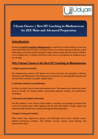 Udyam Classes - Best IIT Coaching in Bhubaneswar for JEE Main and Advanced Preparation