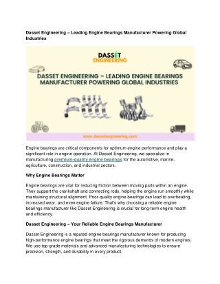 Dasset Engineering – Leading Engine Bearings Manufacturer Powering Global Industries