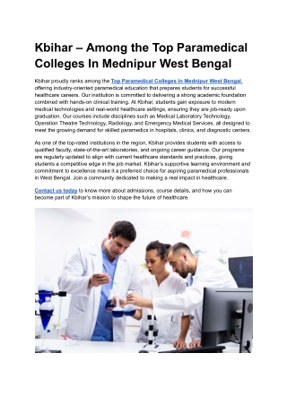 Kbihar – Among the Top Paramedical Colleges In Mednipur West Bengal