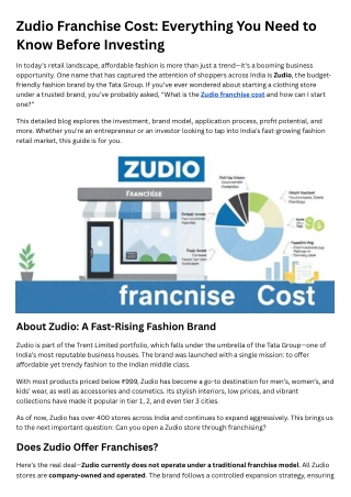 Zudio Franchise Cost
