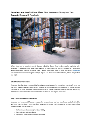Everything You Need to Know About Floor Hardeners Strengthen Your Concrete Floors with Floorkrete