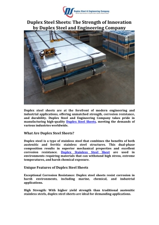 Duplex Steel Sheets The Strength of Innovation by Duplex Steel and Engineering Company