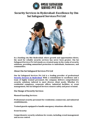 Security Services in Hyderabad Excellence by Om Sai Safeguard Services Pvt Ltd
