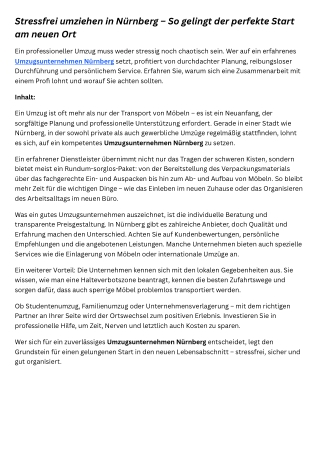 Stressfrei umziehen in Nürnberg – So gelingt der perfekte Start am neuen Ort
