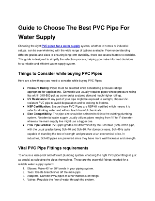 Guide to Choose The Best PVC Pipe For Water Supply