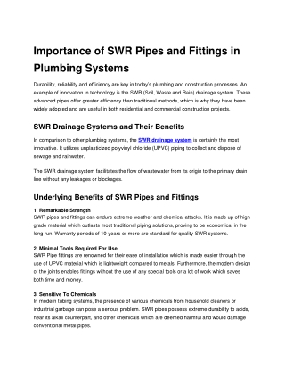 Importance of SWR Pipes and Fittings in Plumbing Systems