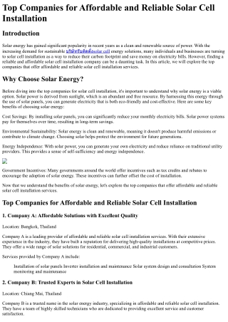 Top Companies for Affordable and Reliable Solar Cell Installation