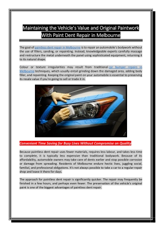 Maintaining the Vehicles Value and Original Paintwork With Paint Dent Repair in Melbourne