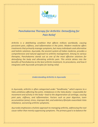 Panchakarma Therapy for Arthritis Detoxifying for Pain Relief