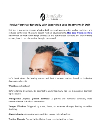 Revive Your Hair Naturally with Expert Hair Loss Treatments in Delhi