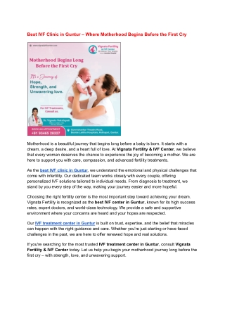 Best IVF Clinic in Guntur – Where Motherhood Begins Before the First Cry