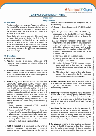 ProHealth Prime Active Plan Terms and Conditions Document ManipalCigna