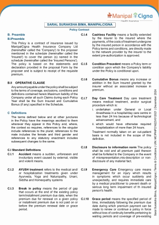 Saral Suraksha Bima Policy Terms and Conditions Document ManipalCigna