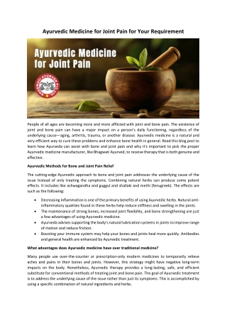 Ayurvedic Medicine for Joint Pain for Your Requirement