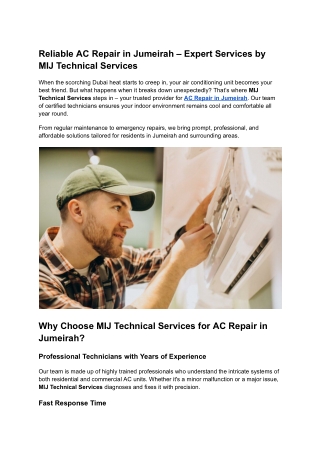 Reliable AC Repair in Jumeirah – Expert Services by MIJ Technical Services