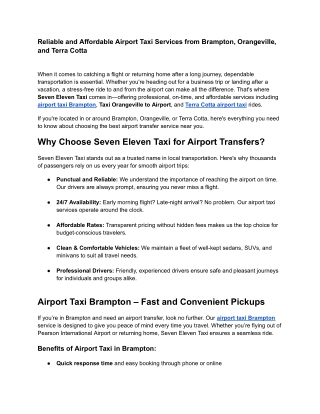 Reliable and Affordable Airport Taxi Services from Brampton, Orangeville, and Te