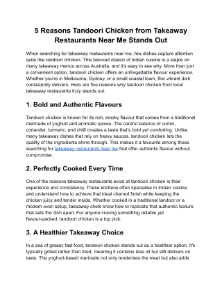 5 Reasons Tandoori Chicken from Takeaway Restaurants Near Me Stands Out