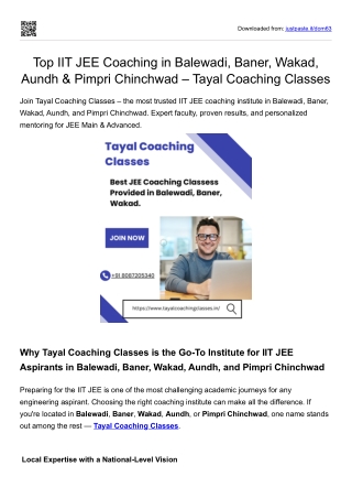 Top IIT JEE Coaching in Balewadi, Baner, Wakad, Aundh & Pimpri :Tayal Classes