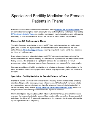 Specialized Fertility Medicine for Female Patients in Thane