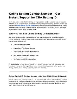 Online Betting Contact Number – Get Instant Support for CBA Betting ID