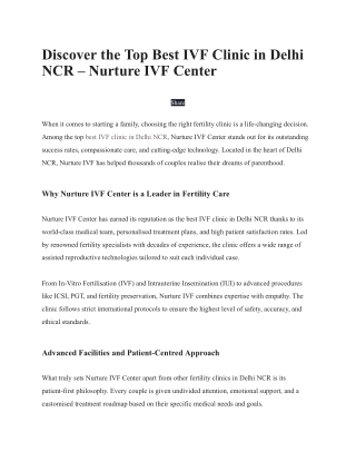 Discover the Top Best IVF Clinic in Delhi NCR – Nurture IVF Center