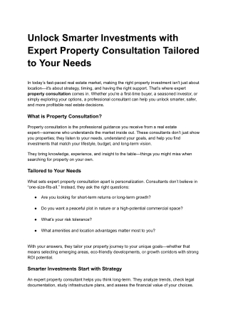 Unlock Smarter Investments with Expert Property Consultation Tailored to Your Needs
