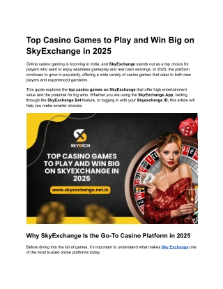 Top Casino Games to Play and Win Big on SkyExchange in 2025