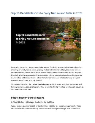 Top 10 Dandeli Resorts to Enjoy Nature and Relax in 2025