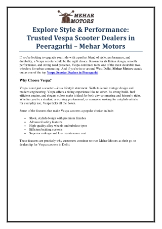 Stylish Commutes Start Here – Vespa Scooter Dealers in Peeragarhi by Mehar Motor